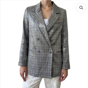 Jason Wu Houndstooth Plaid Clear Sequin Double Breasted Y2K Lined Blazer Jacket 